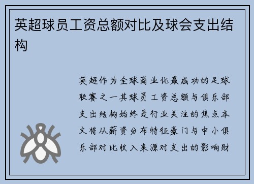 英超球员工资总额对比及球会支出结构